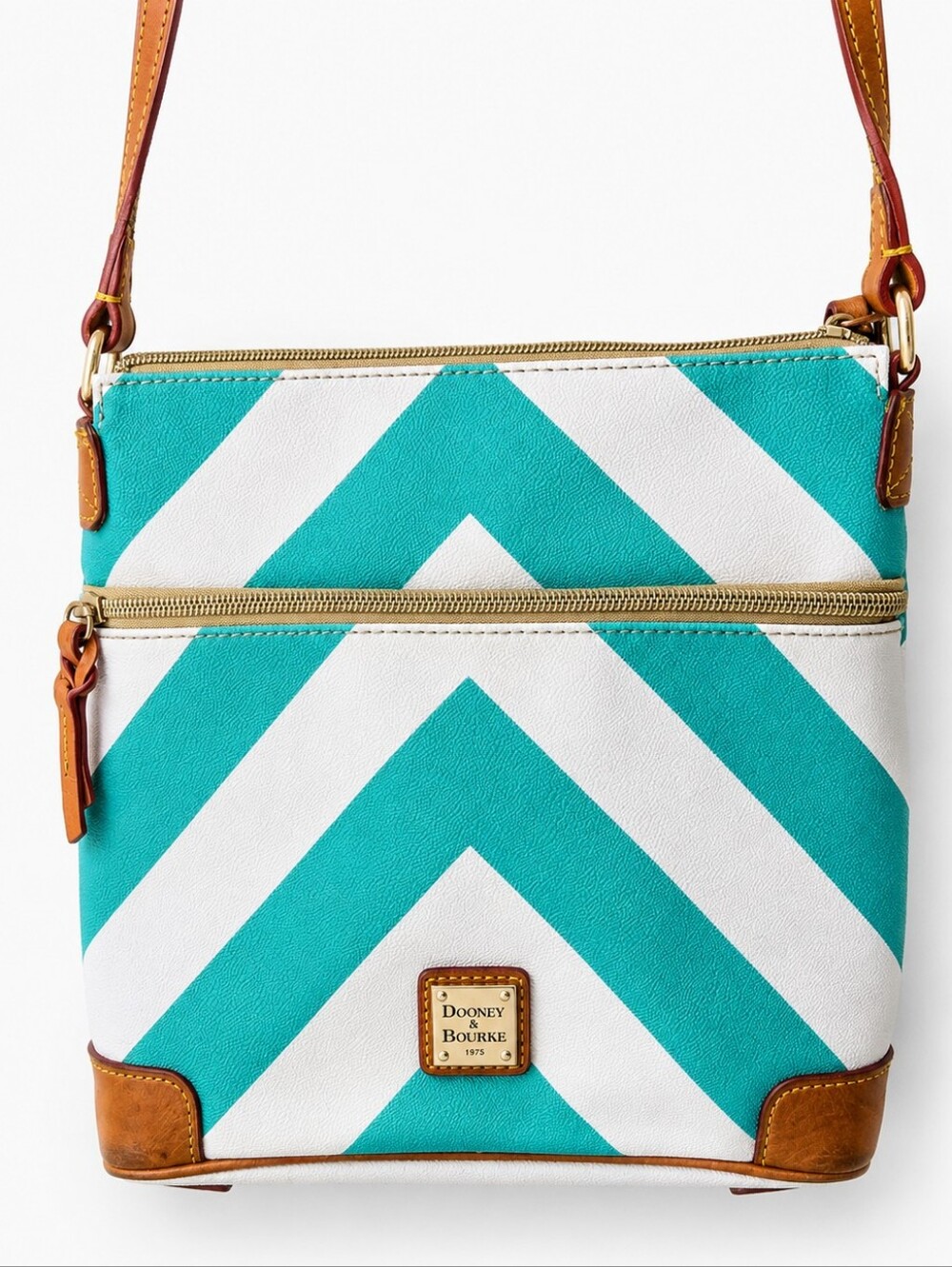 Dooney & Bourke Teal and White Chevron Crossbody Purse with Leather Trim